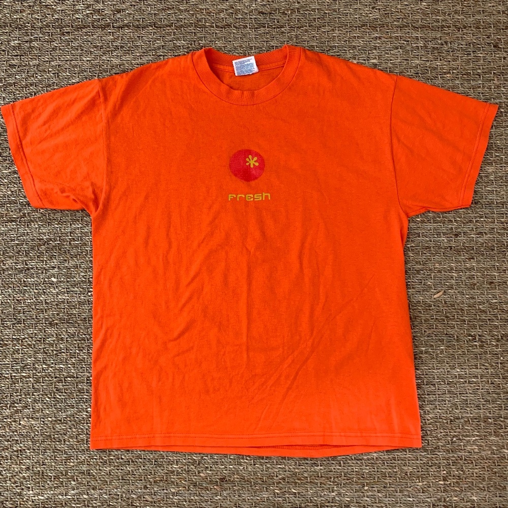Y2K Rotten Tomatoes Orange Fresh Tomato Logo Short Sleeve Cotton Tee L